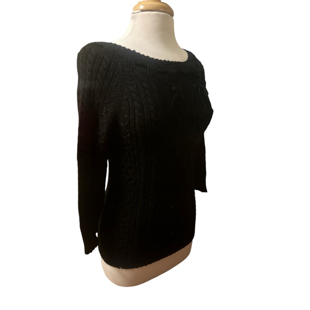 Women S Club Monaco 100% Wool Black Sweater 3/4 Slv Ribbon Tie PomPom Pullover